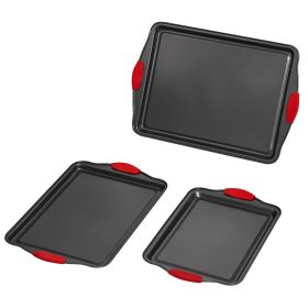Baking Pans Set, 3-Piece, Nonstick Carbon Steel Cookware Sheets & Trays, Stackable Kitchen Oven Bakeware Cooking Sets with Silicone Handles, Easy to