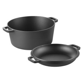 Cast Iron Dutch Oven, 2-in-1 Pre-Seasoned Pot with Skillet Lid, 5QT Cookware Pan with Proofing Basket, Bread Baking Accessories, Bread-Oven Compatibl